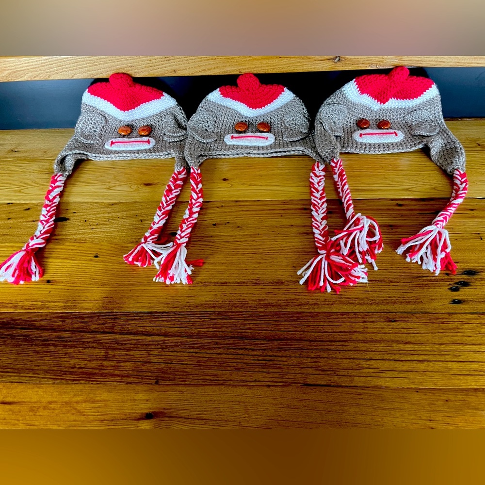 3 Handmade Sock Monkey Hats - Adult One Size